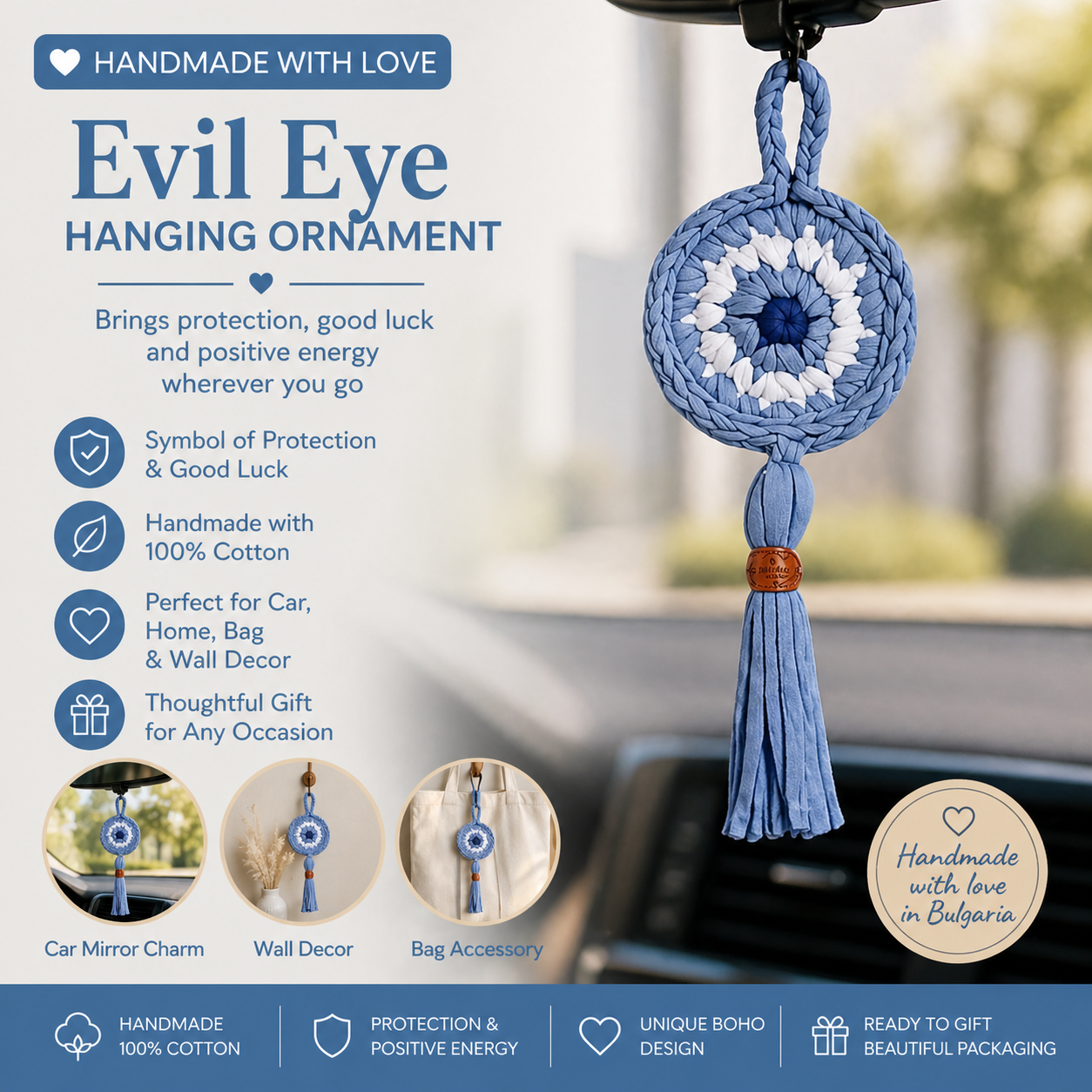 Handmade Crochet Evil Eye Hanging Ornament, Boho Wall Decor, Car Mirror Charm, Bag Accessory, Cotton Handmade Gift