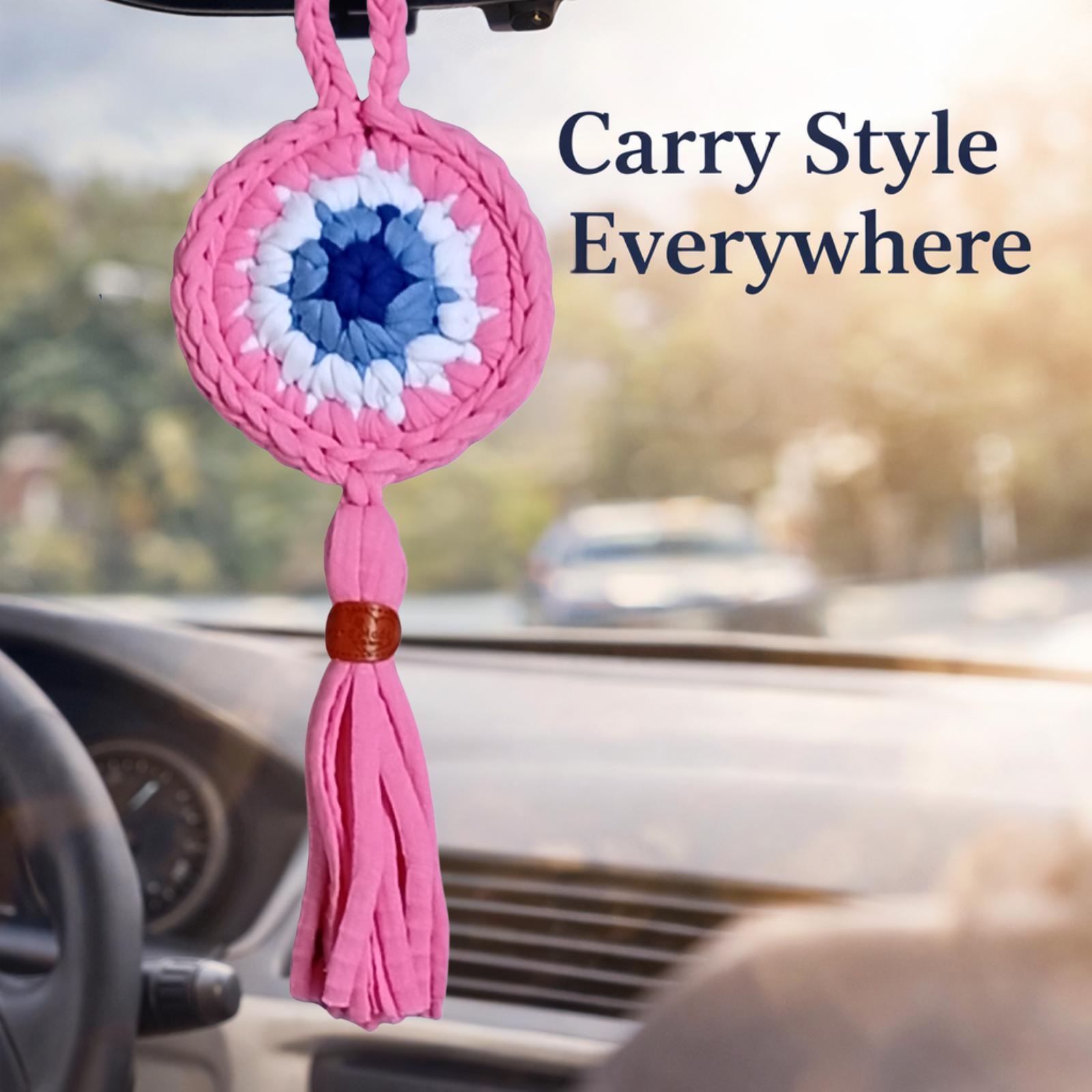 Handmade Crochet Evil Eye Hanging Ornament, Boho Wall Decor, Car Mirror Charm, Bag Accessory, Cotton Handmade Gift