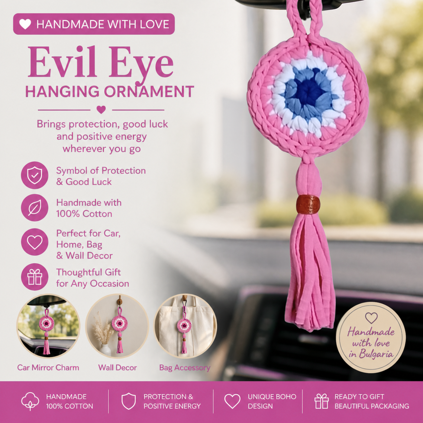 Handmade Crochet Evil Eye Hanging Ornament, Boho Wall Decor, Car Mirror Charm, Bag Accessory, Cotton Handmade Gift