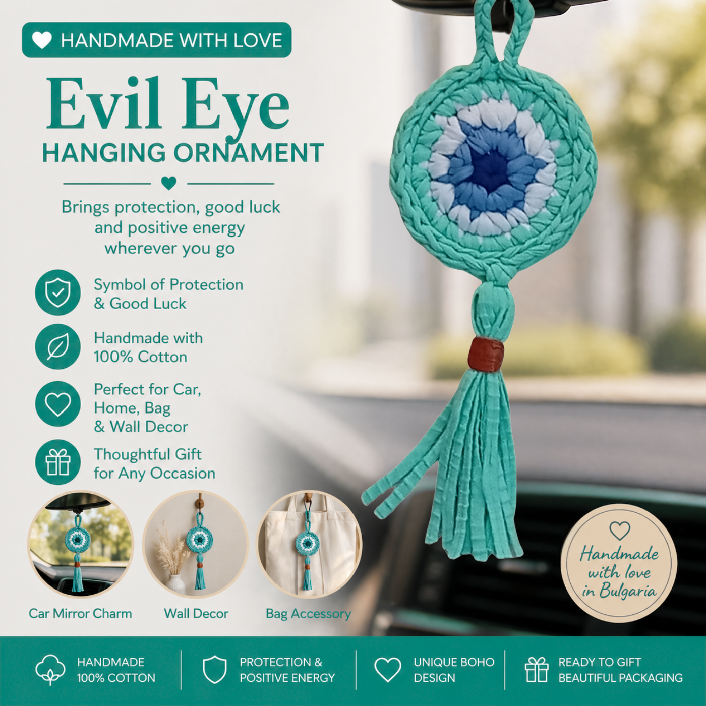 Handmade Crochet Evil Eye Hanging Ornament, Boho Wall Decor, Car Mirror Charm, Bag Accessory, Cotton Handmade Gift