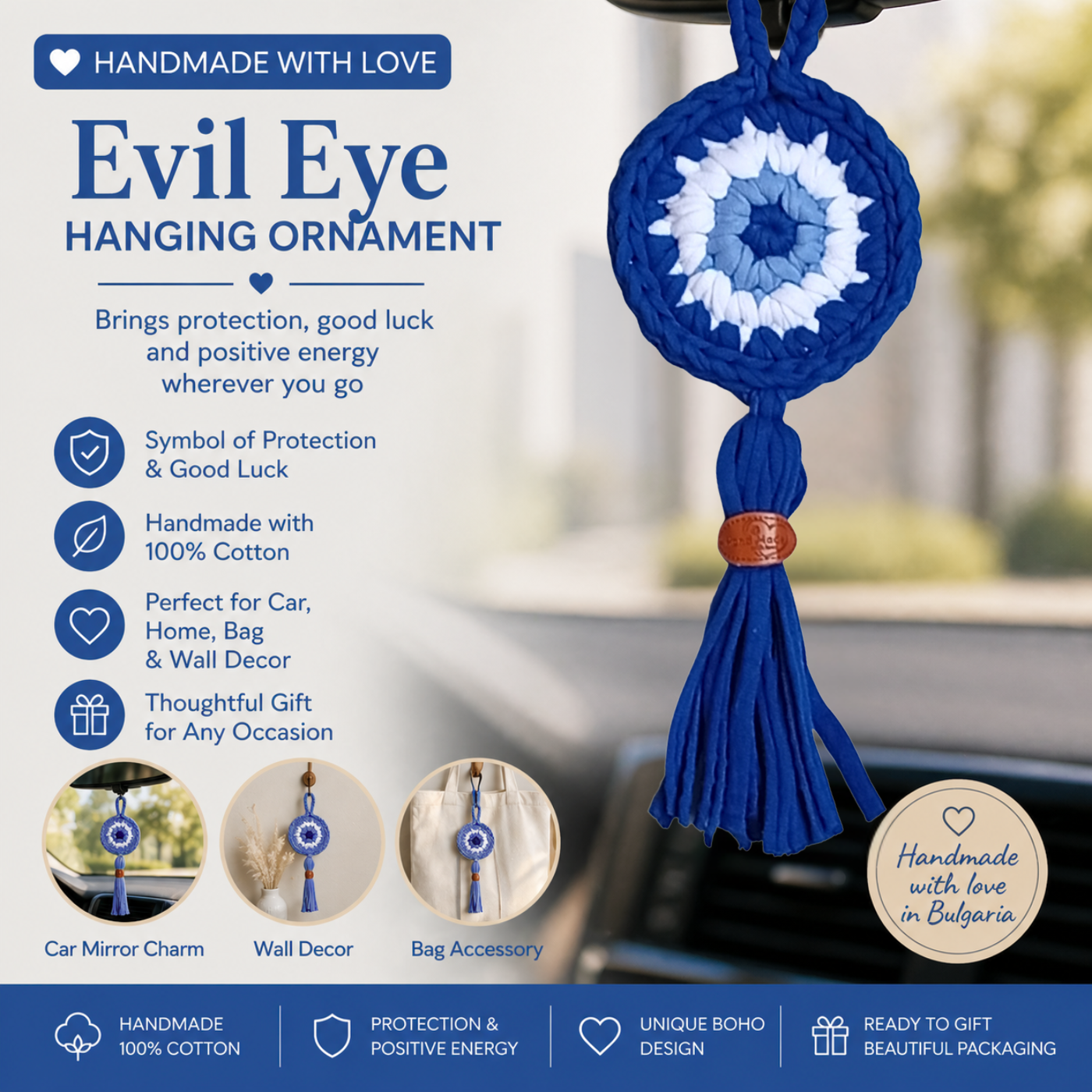 Handmade Crochet Evil Eye Hanging Ornament, Boho Wall Decor, Car Mirror Charm, Bag Accessory, Cotton Handmade Gift