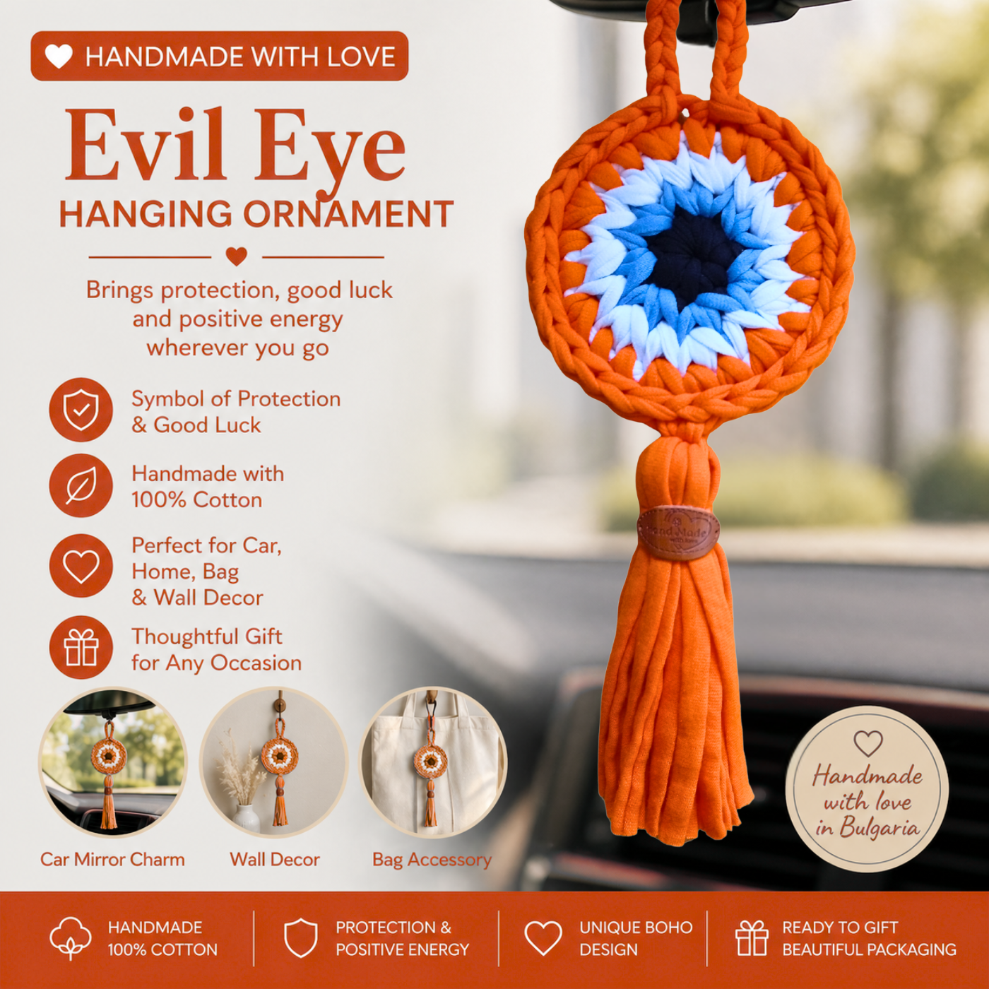 Handmade Crochet Evil Eye Hanging Ornament, Boho Wall Decor, Car Mirror Charm, Bag Accessory, Cotton Handmade Gift