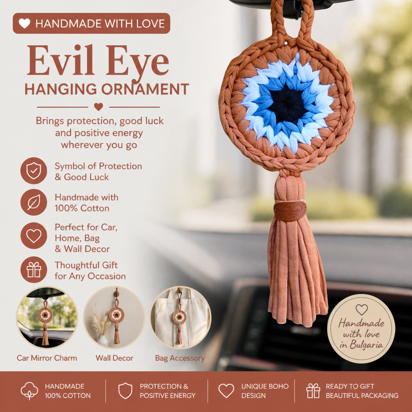 Handmade Crochet Evil Eye Hanging Ornament, Boho Wall Decor, Car Mirror Charm, Bag Accessory, Cotton Handmade Gift