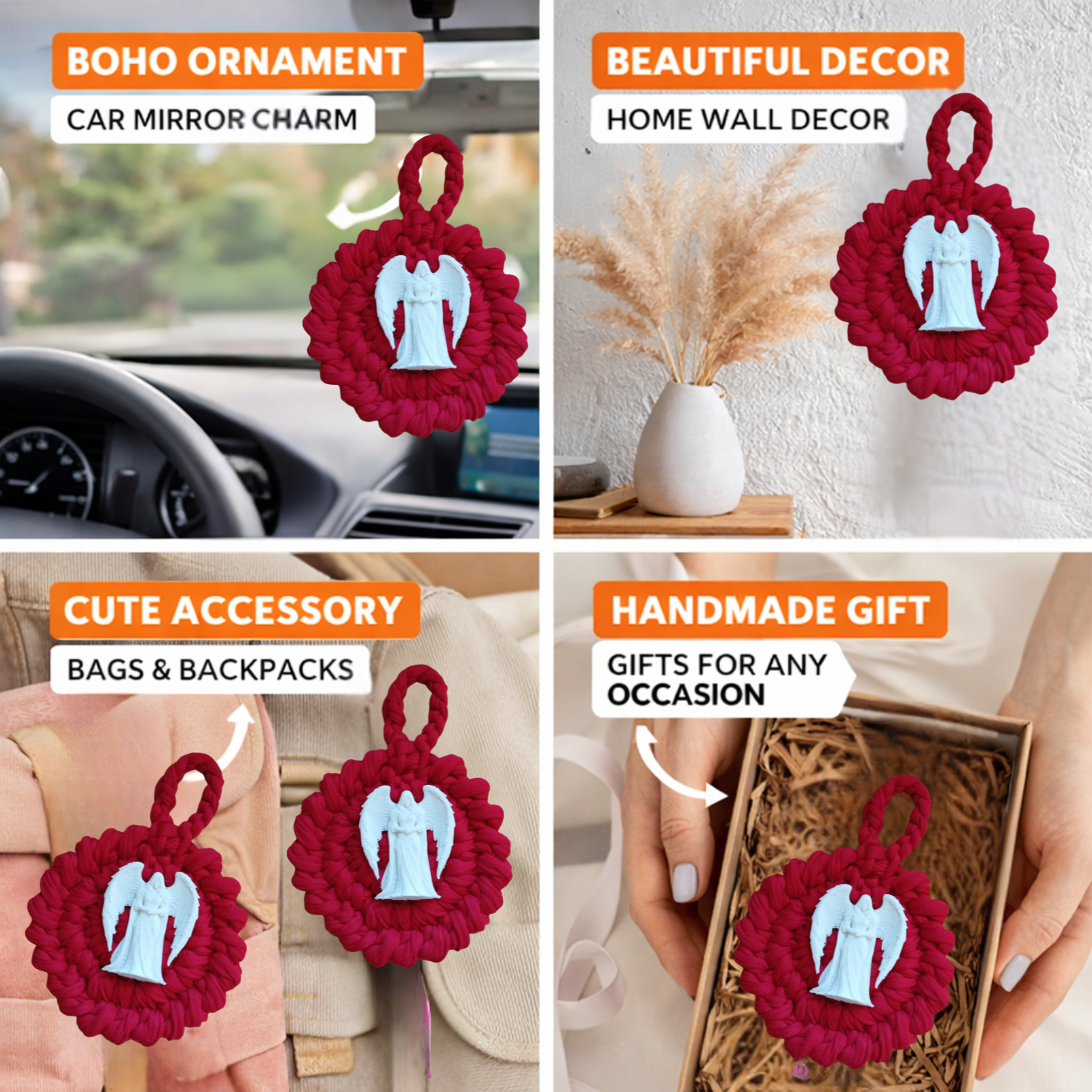 Handmade Crochet Mandala Hanging Ornament – Boho Car Mirror Charm, Cotton Wall Decor, Bag Accessory, Angel Pendant Gift