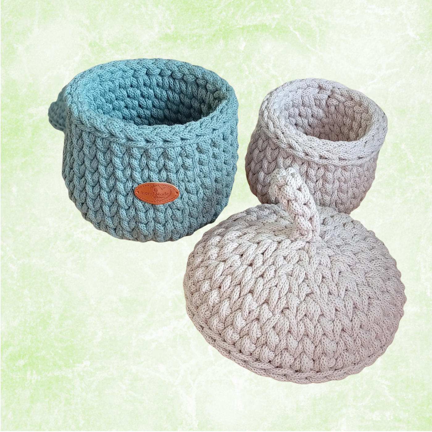 Sturdy Cotton Rope Basket with Lid, Handmade Crochet Acorn Storage Organizer
