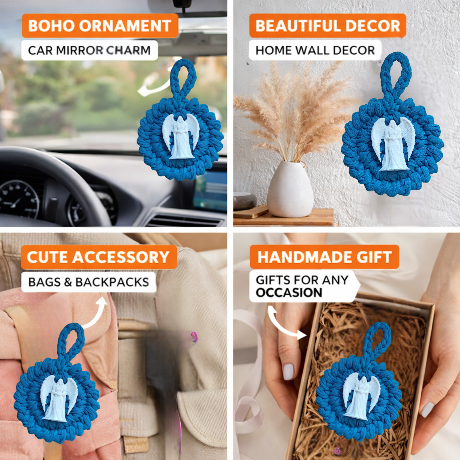 Handmade Crochet Mandala Hanging Ornament – Boho Car Mirror Charm, Cotton Wall Decor, Bag Accessory, Angel Pendant Gift