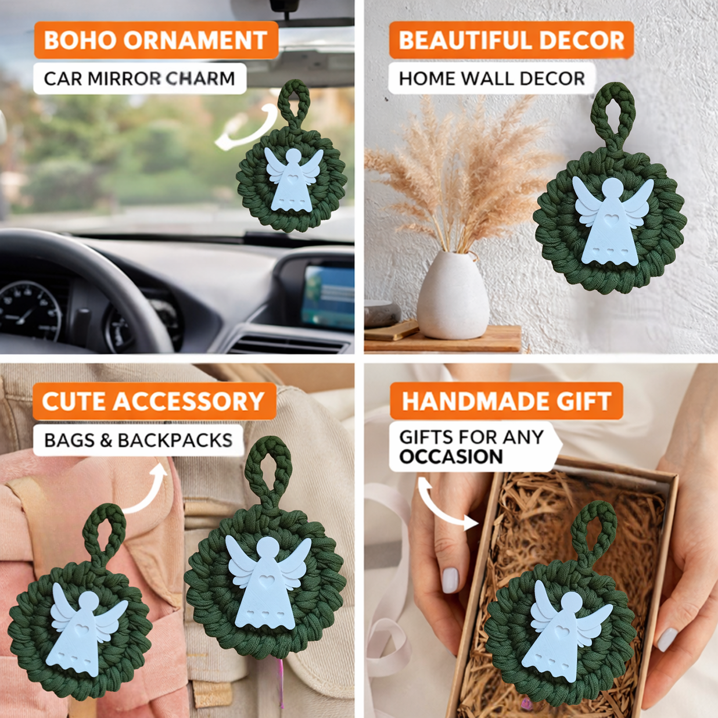 Handmade Crochet Mandala Hanging Ornament – Boho Car Mirror Charm, Cotton Wall Decor, Bag Accessory, Angel Pendant Gift