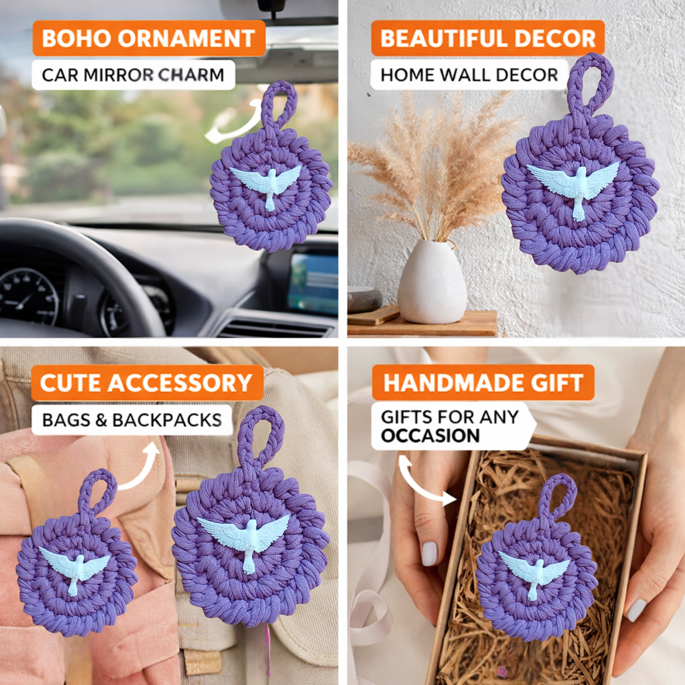 Handmade Crochet Mandala Hanging Ornament – Boho Car Mirror Charm, Cotton Wall Decor, Bag Accessory, Angel Pendant Gift