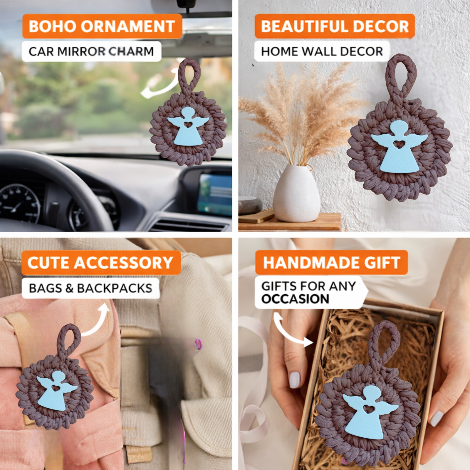 Handmade Crochet Mandala Hanging Ornament – Boho Car Mirror Charm, Cotton Wall Decor, Bag Accessory, Angel Pendant Gift