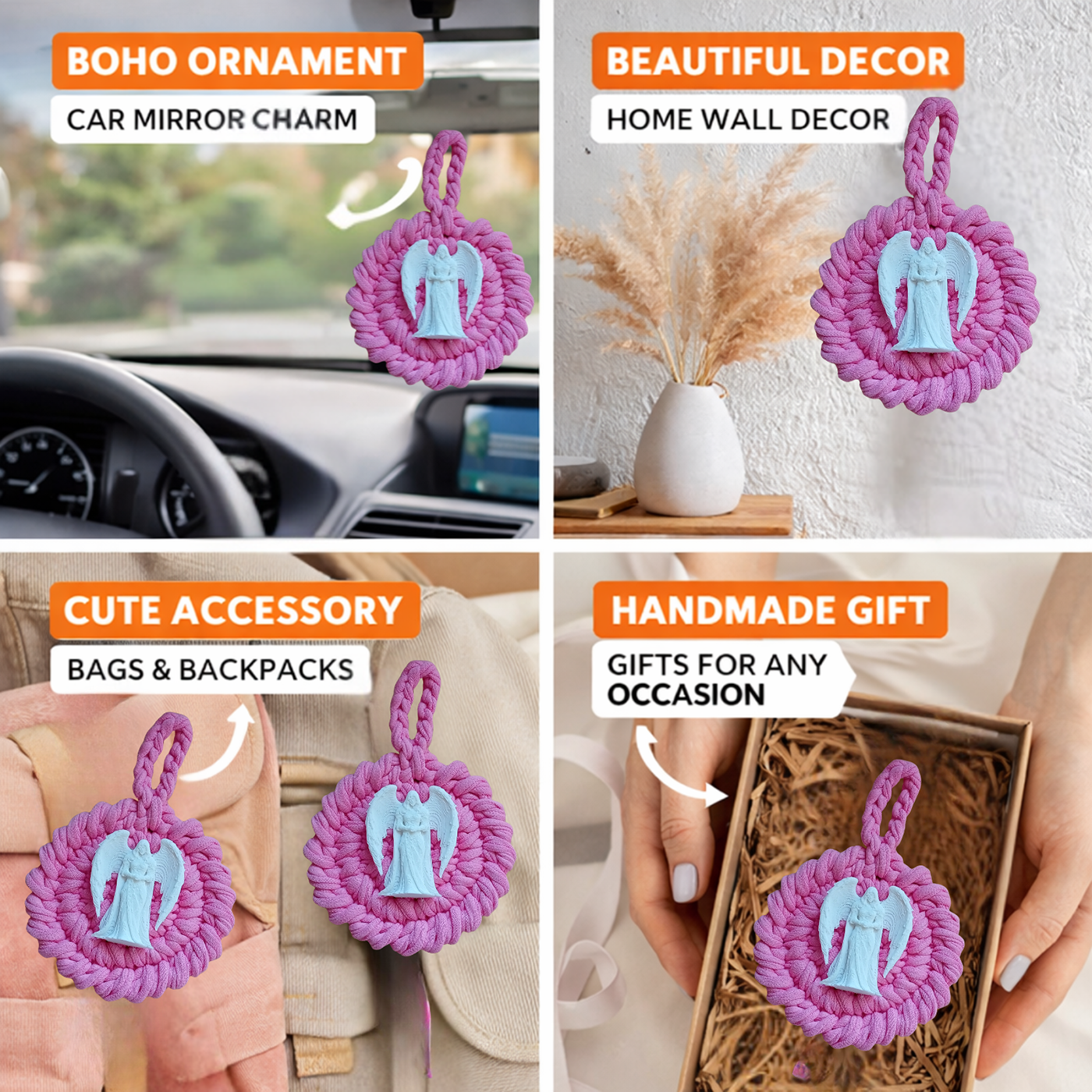 Handmade Crochet Mandala Hanging Ornament – Boho Car Mirror Charm, Cotton Wall Decor, Bag Accessory, Angel Pendant Gift