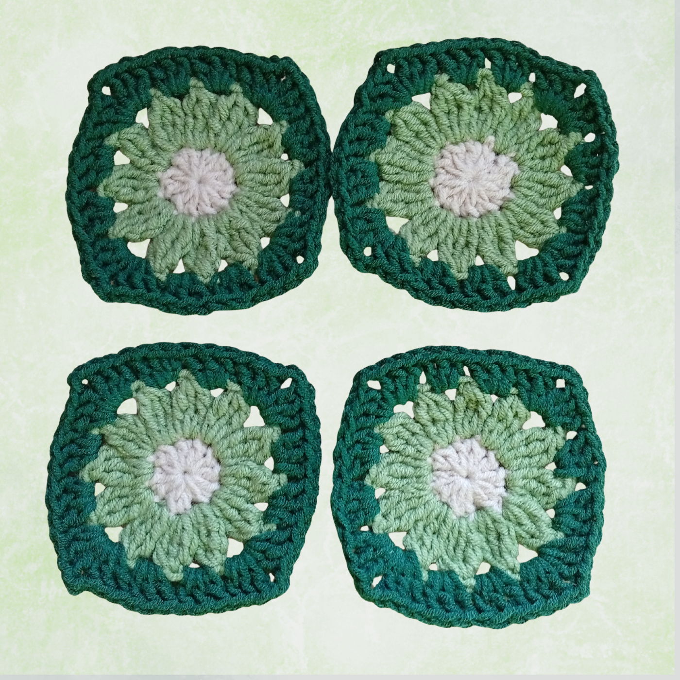 Green Crochet Flower Granny Squares – 10 Handmade Granny Squares in Neutral Boho Colors (8 cm)