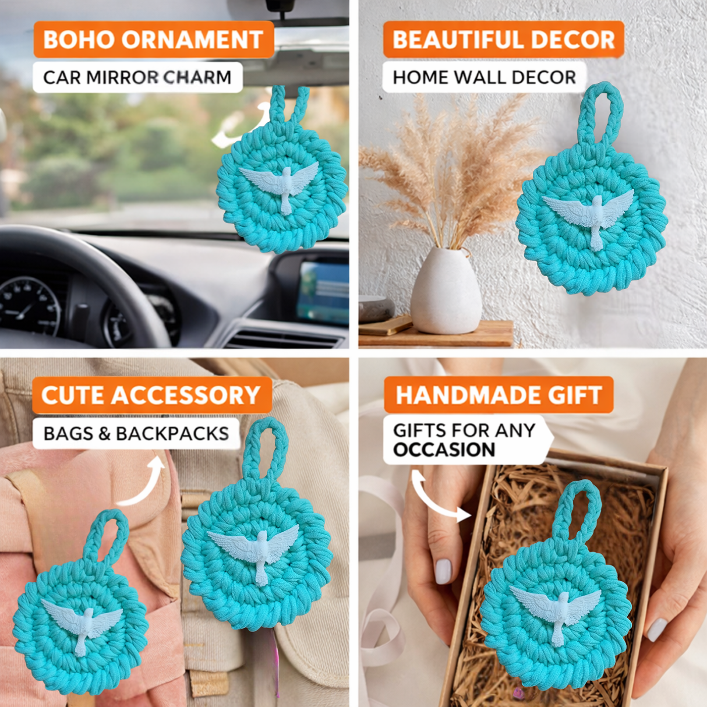 Handmade Crochet Mandala Hanging Ornament – Boho Car Mirror Charm, Cotton Wall Decor, Bag Accessory, Angel Pendant Gift