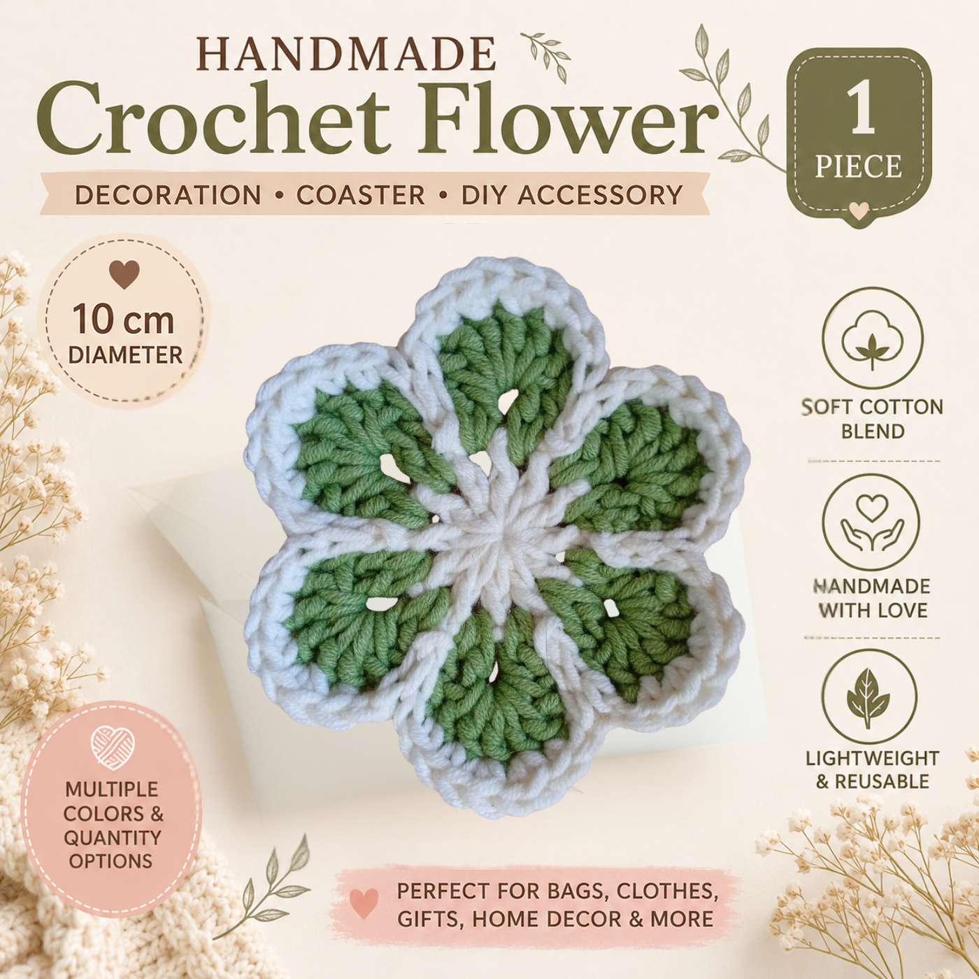White & Sage Green Crochet Flower Applique – Handmade Floral Embellishment (10cm)