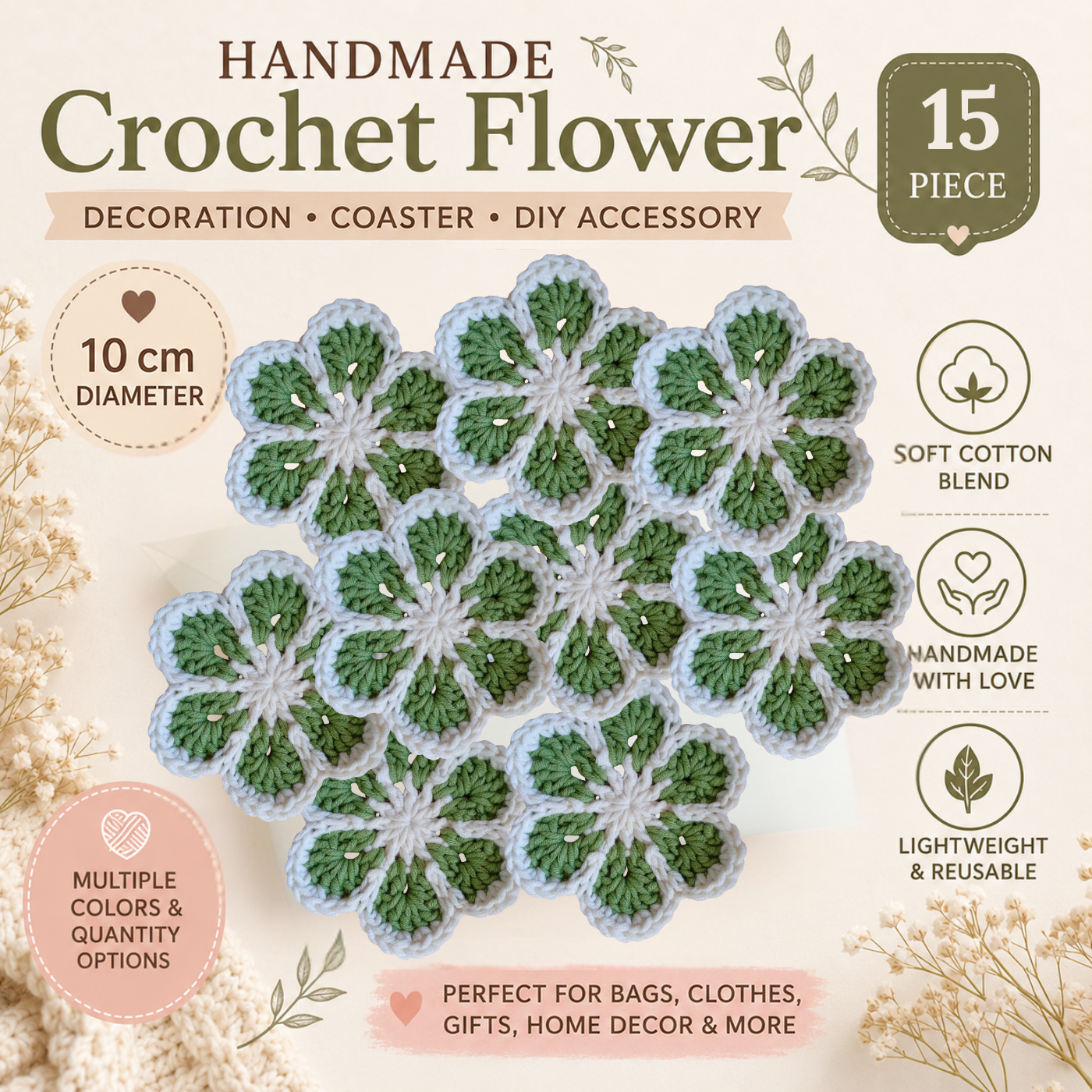 White & Sage Green Crochet Flower Applique – Handmade Floral Embellishment (10cm)