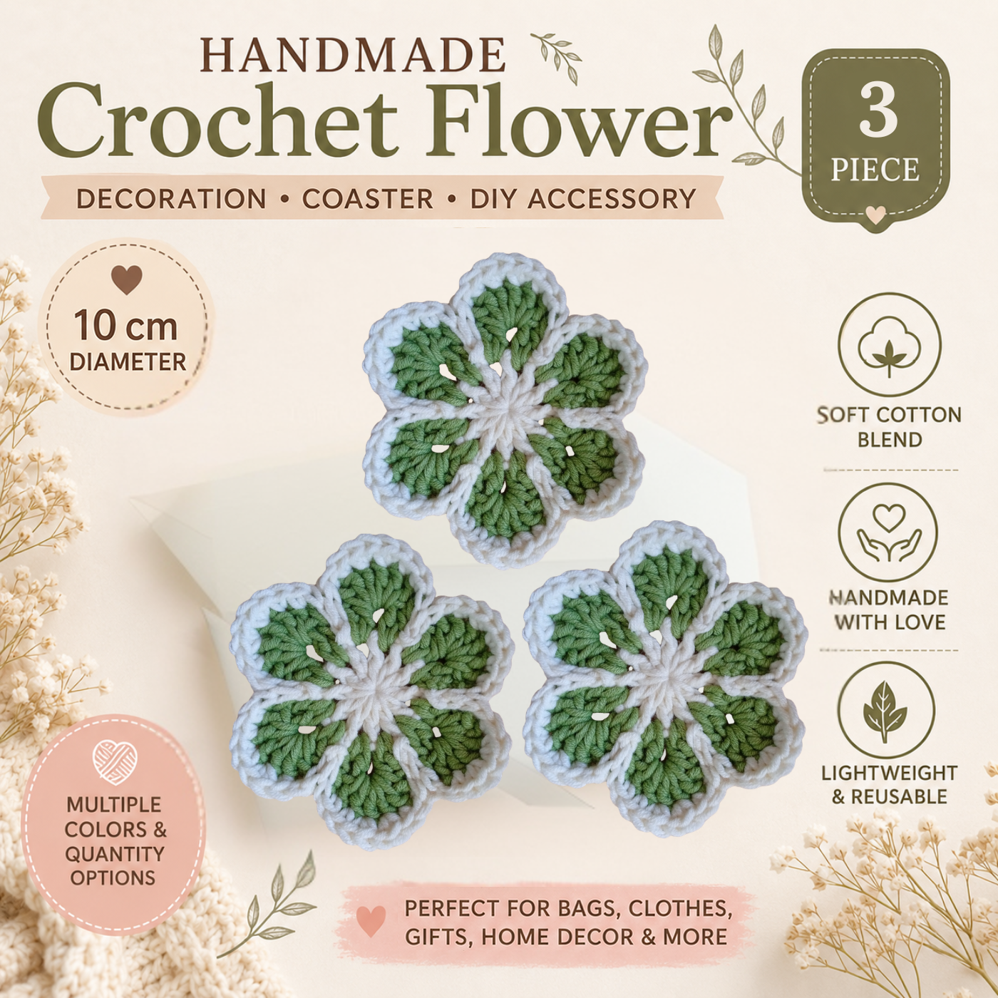 White & Sage Green Crochet Flower Applique – Handmade Floral Embellishment (10cm)
