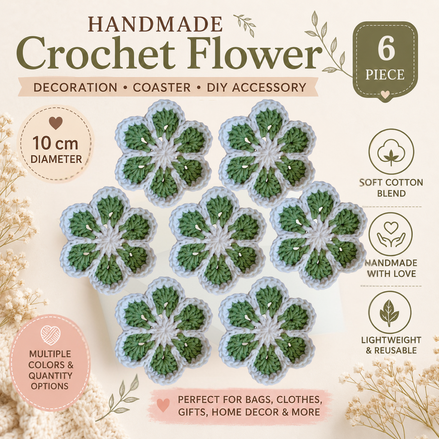 White & Sage Green Crochet Flower Applique – Handmade Floral Embellishment (10cm)