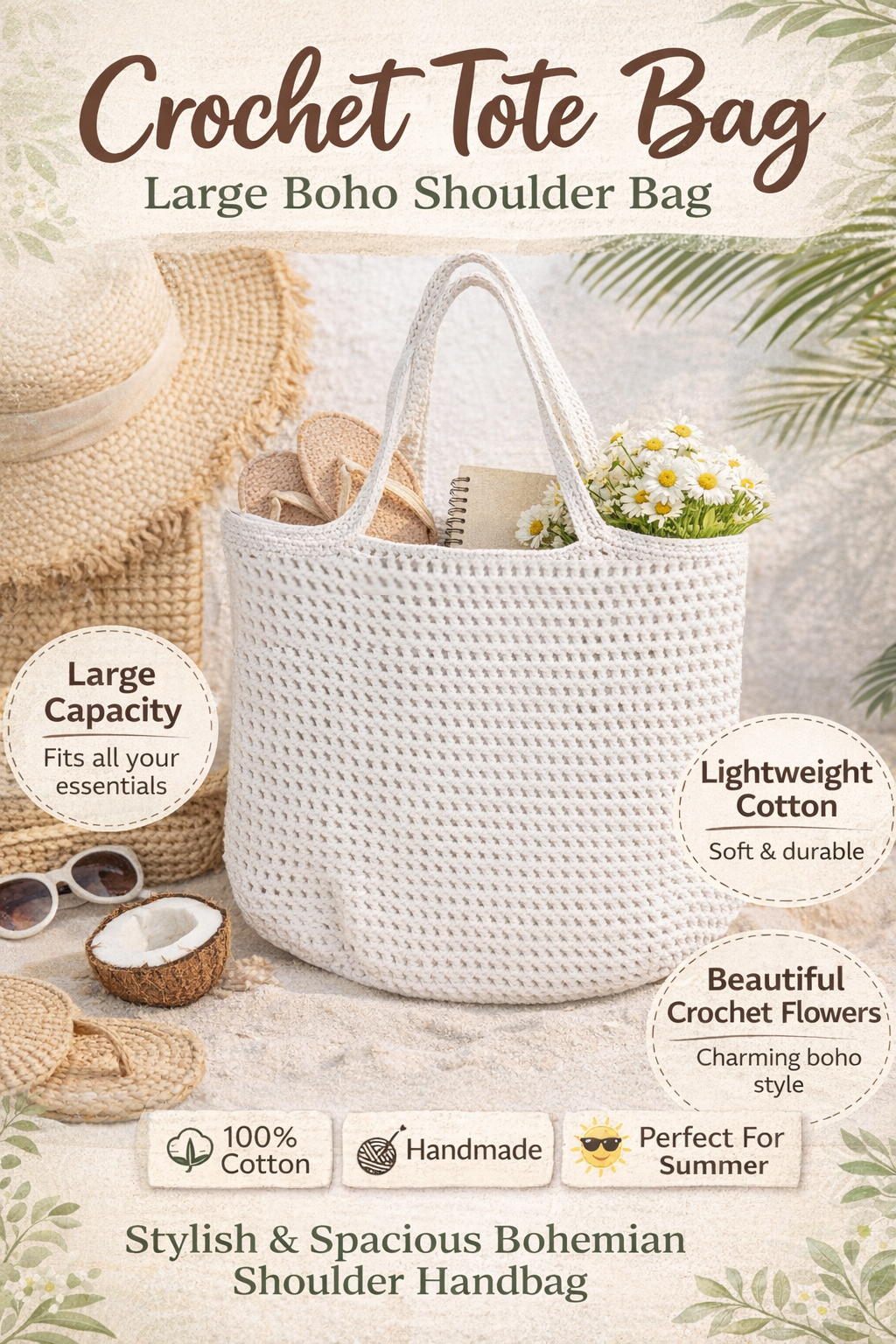 Crochet Tote Bag Large Boho Shoulder Bag Cotton Market Bag Summer Beach Bag Knitted Shopper Handmade Gift for Her