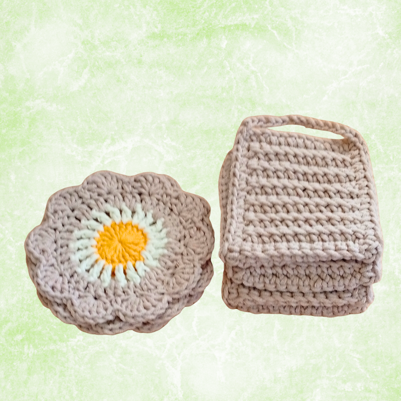 Handmade Crochet Coffee Gift Set – 4 Daisy Coasters & 4 Cup Sleeves (Set of 8)