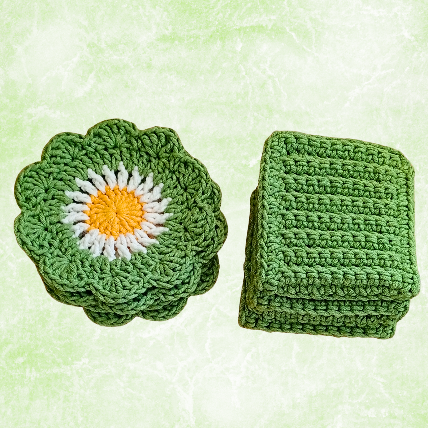 Handmade Crochet Coffee Gift Set – 4 Daisy Coasters & 4 Cup Sleeves (Set of 8)