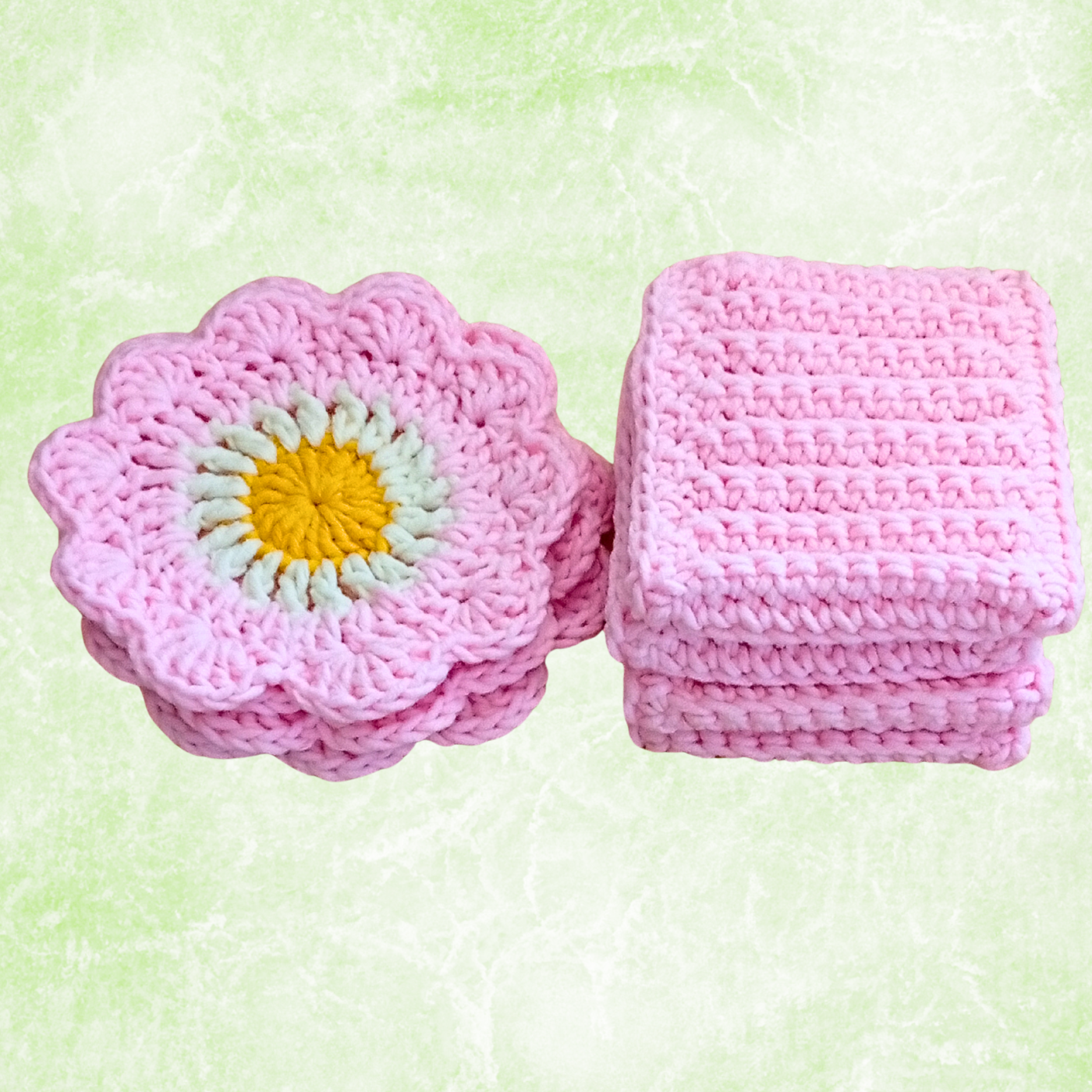 Handmade Crochet Coffee Gift Set – 4 Daisy Coasters & 4 Cup Sleeves (Set of 8)