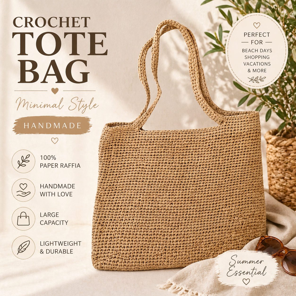 Crochet Raffia Tote Bag Large Capacity Minimalist Woven Shoulder Bag Summer Beach Shopper Handmade Boho Handbag Women Gift