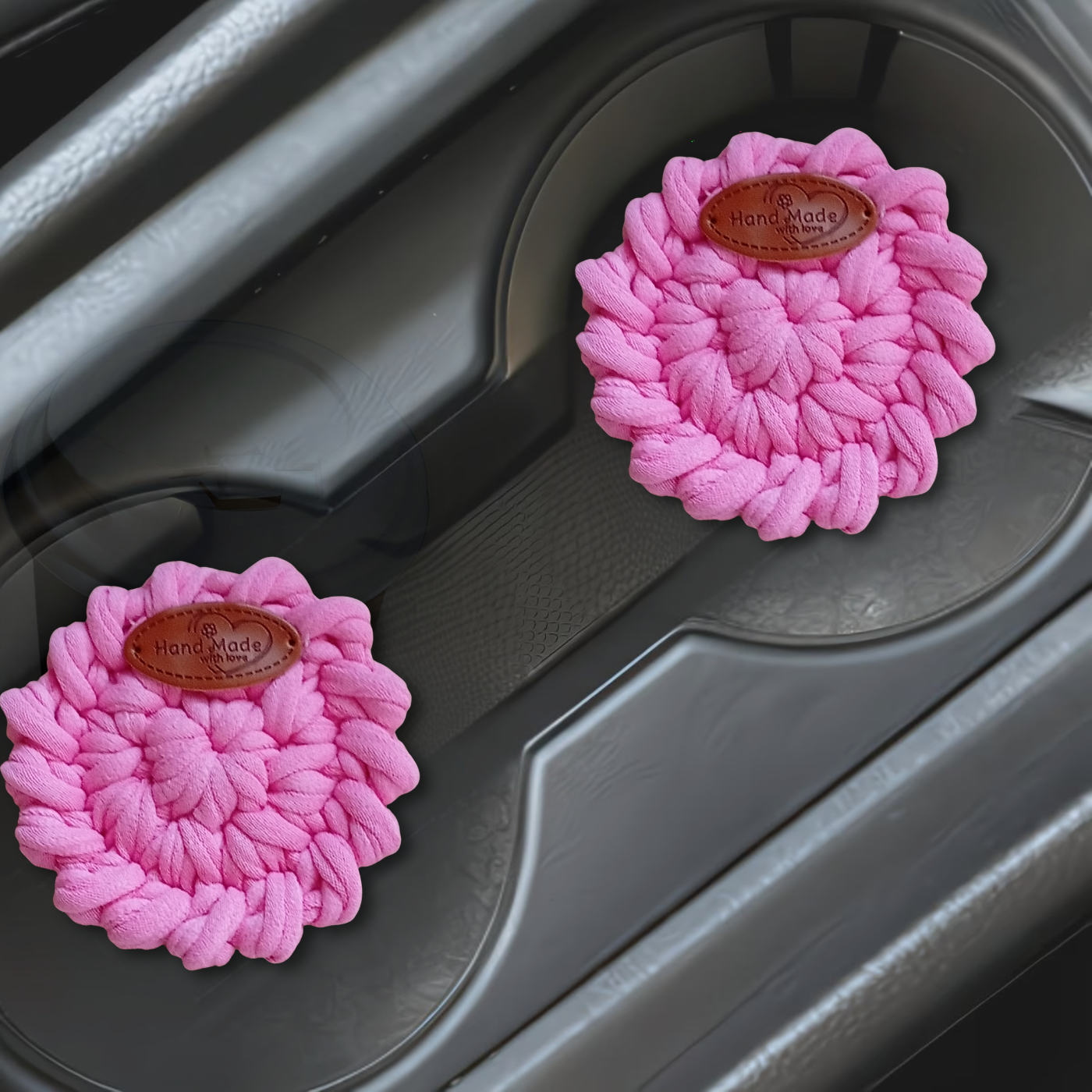 Handmade Crochet Car Coasters Set of 2 – Cotton Cup Holder Inserts 7.5cm, Absorbent Boho Car Accessories
