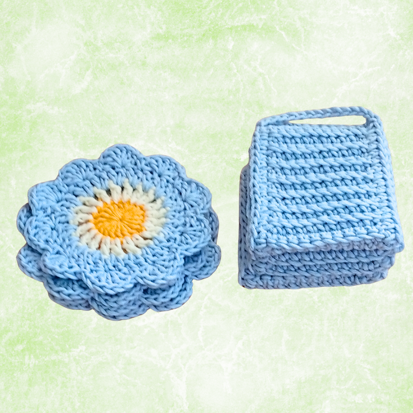 Handmade Crochet Coffee Gift Set – 4 Daisy Coasters & 4 Cup Sleeves (Set of 8)