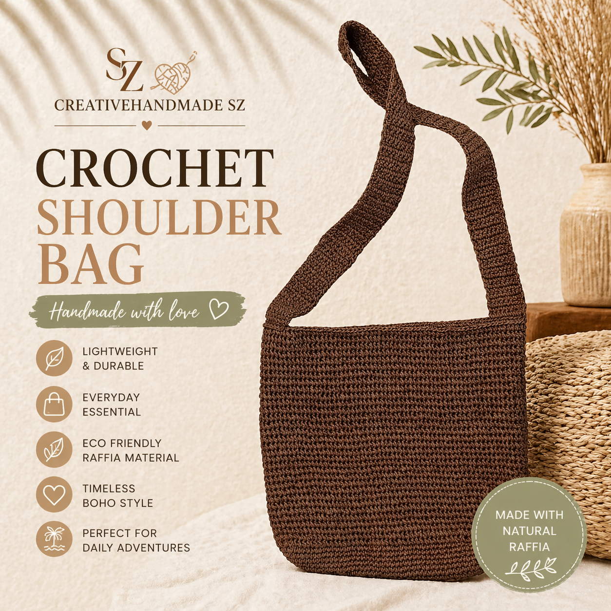 Crochet Shoulder Bag, Boho Crossbody Tote, Brown Raffia Bag, Handmade Woven Bag, Minimalist Summer Bag, Everyday Crochet Purse