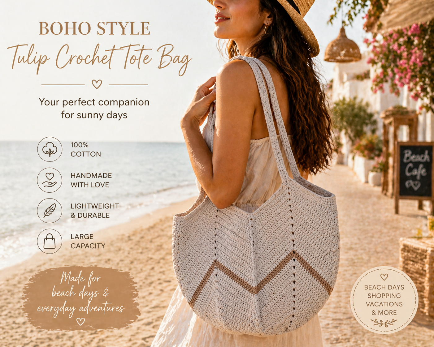 Tulip Crochet Tote Bag, Large Cotton Shoulder Bag, Boho Summer Beach Bag, Handmade Knitted Shopper Tote, Woven Hobo Bag, Gift for Her