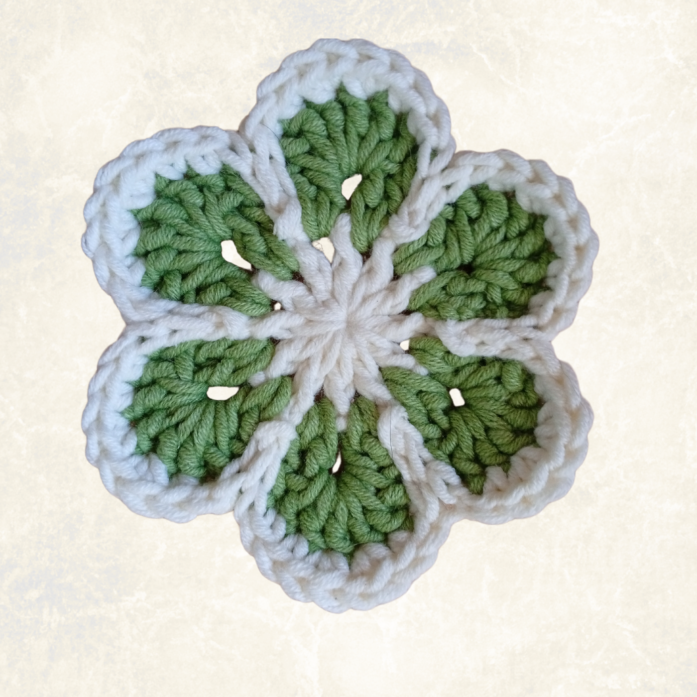 White & Sage Green Crochet Flower Applique – Handmade Floral Embellishment (10cm)