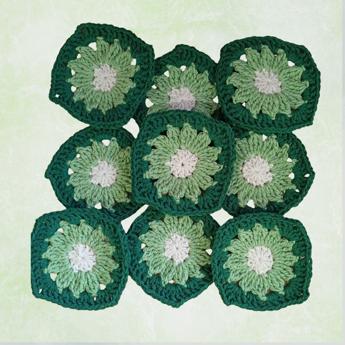 Green Crochet Flower Granny Squares – 10 Handmade Granny Squares in Neutral Boho Colors (8 cm)