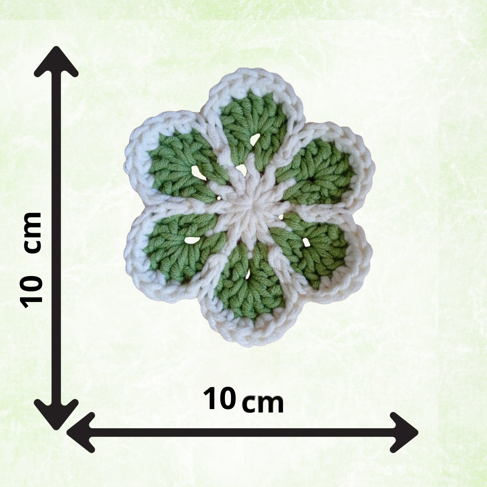 White & Sage Green Crochet Flower Applique – Handmade Floral Embellishment (10cm)