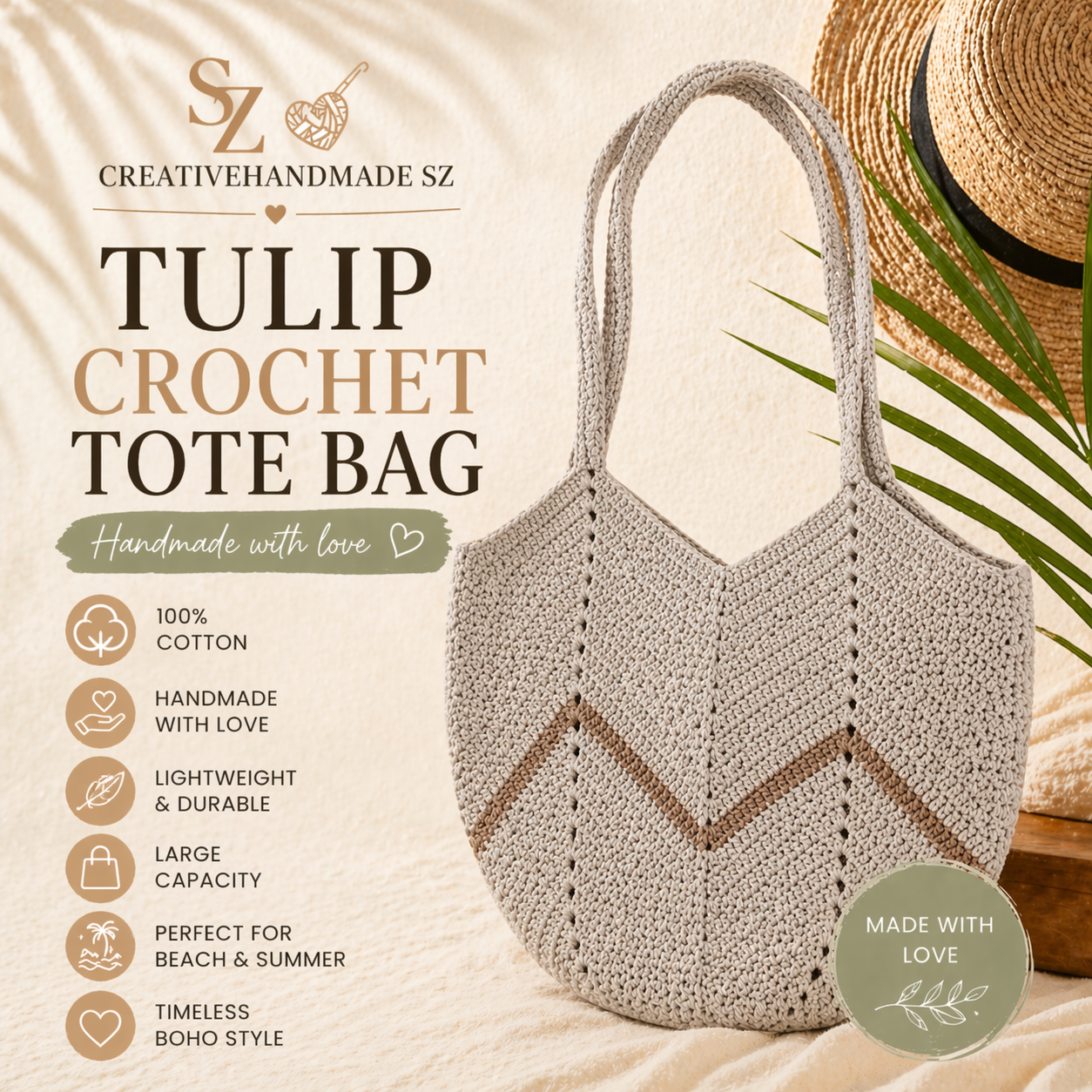 Tulip Crochet Tote Bag, Large Cotton Shoulder Bag, Boho Summer Beach Bag, Handmade Knitted Shopper Tote, Woven Hobo Bag, Gift for Her