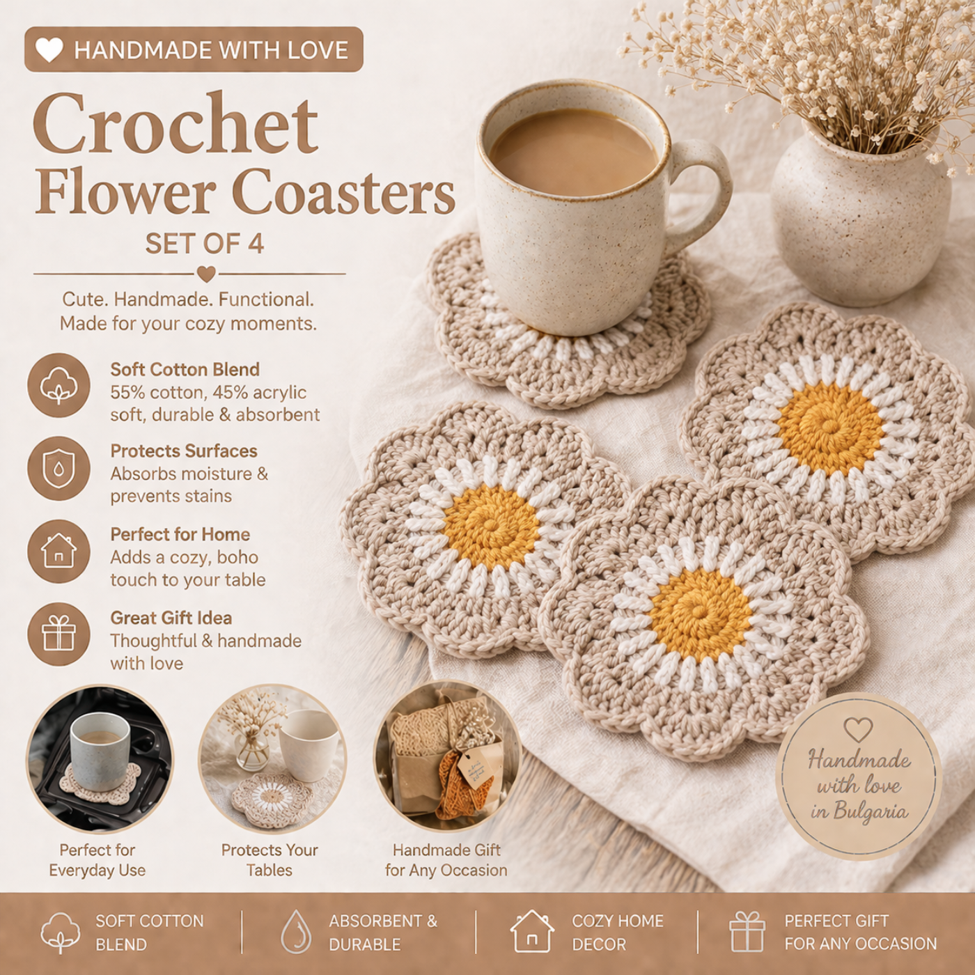 Handmade Crochet Flower Coasters – Set of 4