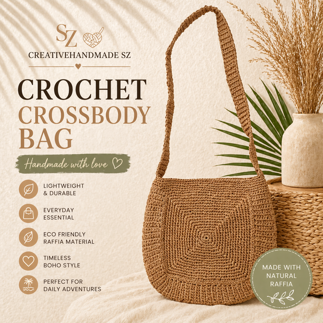 Crochet Crossbody Bag Boho Raffia Shoulder Bag Handmade Summer Tote Minimalist Woven Bag Beach Purse Women Gift