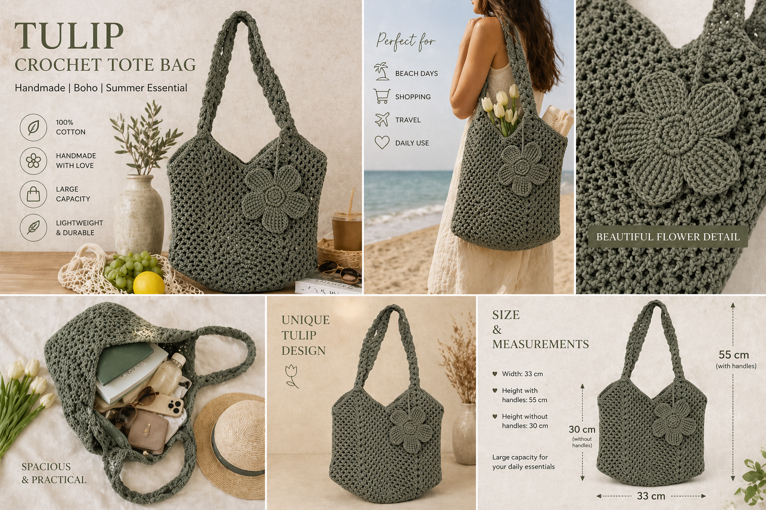 Tulip Crochet Tote Bag, Large Boho Shoulder Bag, Flower Crochet Purse, Summer Beach Bag, Handmade Cotton Tote, Gift for Her