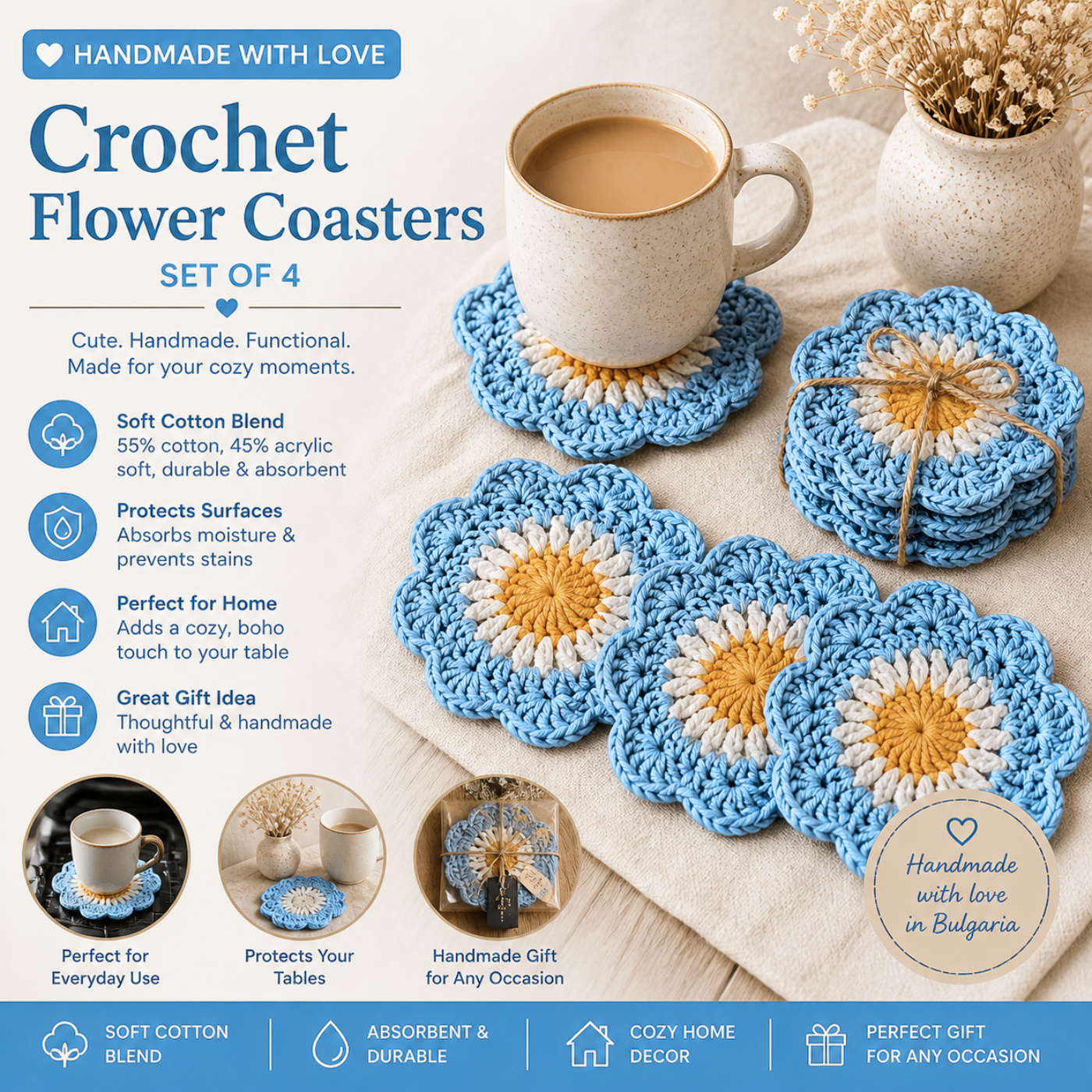 Handmade Crochet Flower Coasters – Set of 4