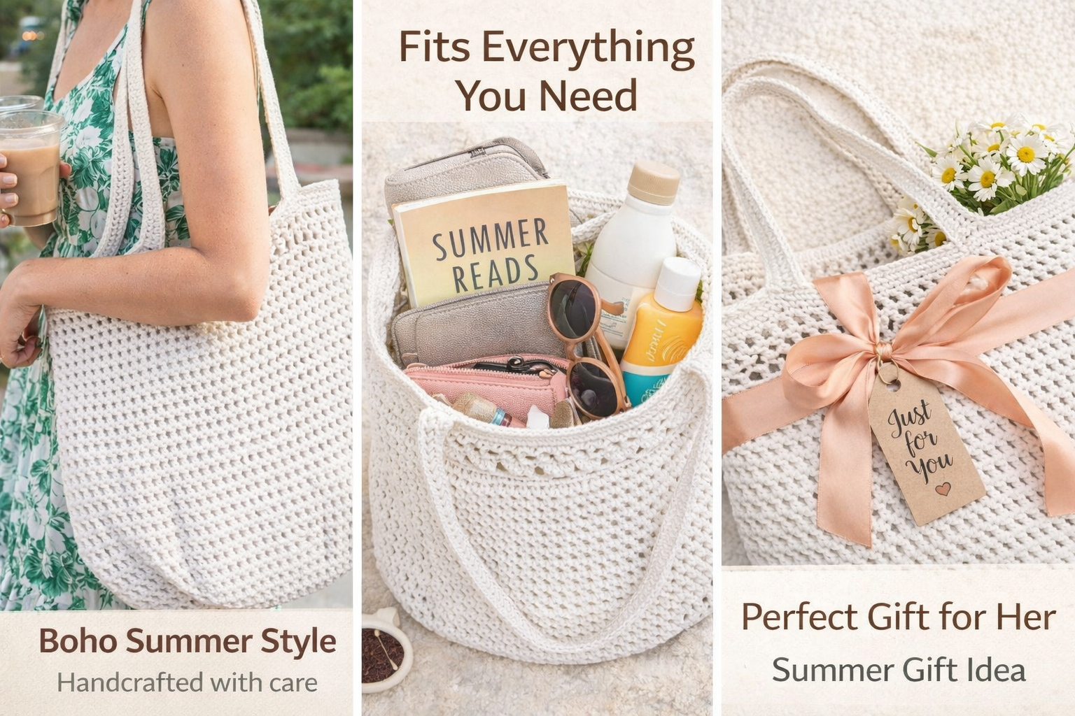 Crochet Tote Bag Large Boho Shoulder Bag Cotton Market Bag Summer Beach Bag Knitted Shopper Handmade Gift for Her