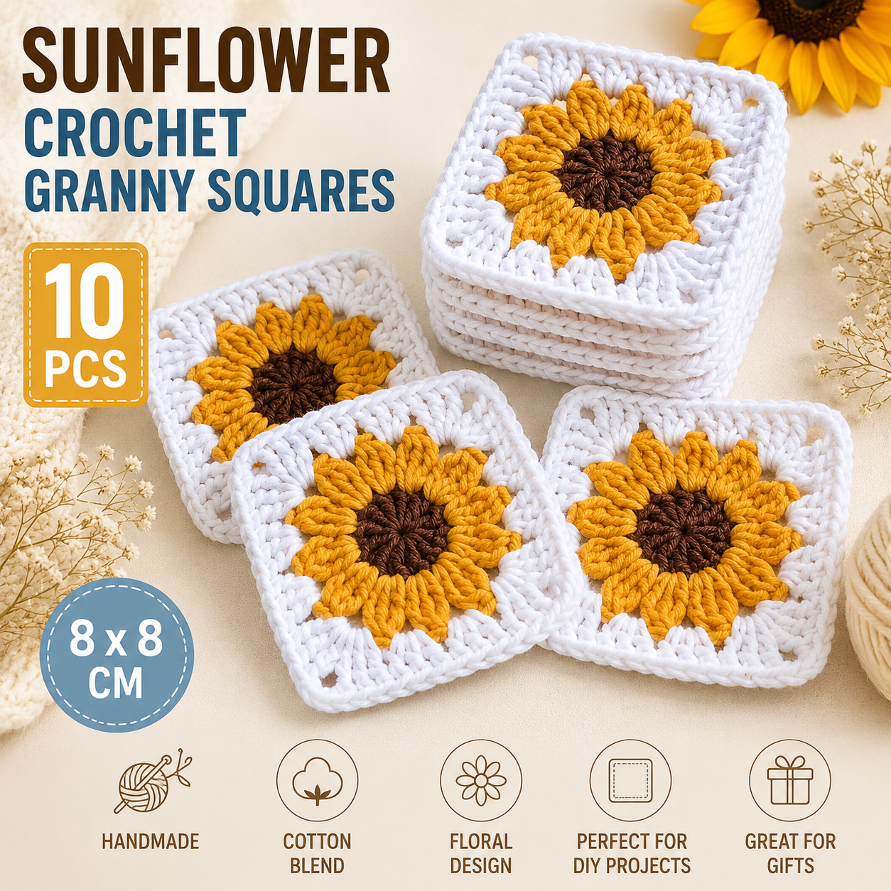 10PCS Sunflower Crochet Granny Squares 8x8 cm Handmade Floral Motifs Cotton Blend for Bags Cardigans Blankets Coasters DIY Decor