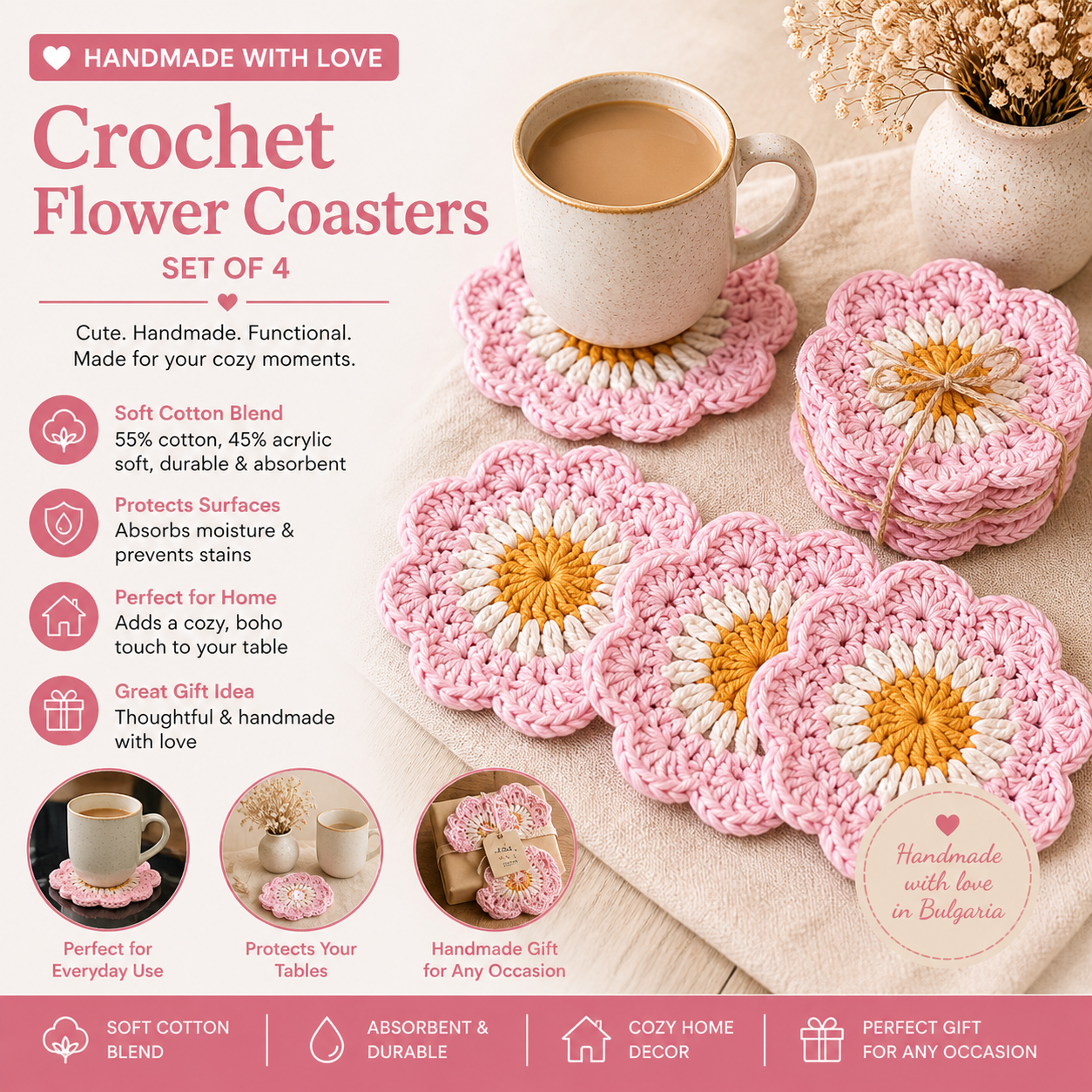 Handmade Crochet Flower Coasters – Set of 4