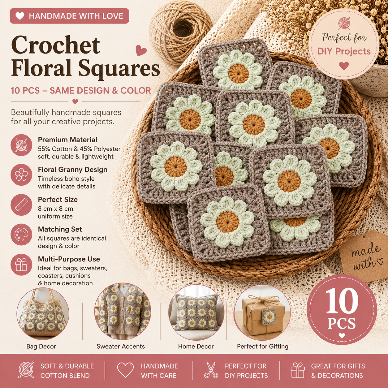 Crochet Daisy Granny Squares – Set of 10 Handmade Floral Motifs (8x8 cm)