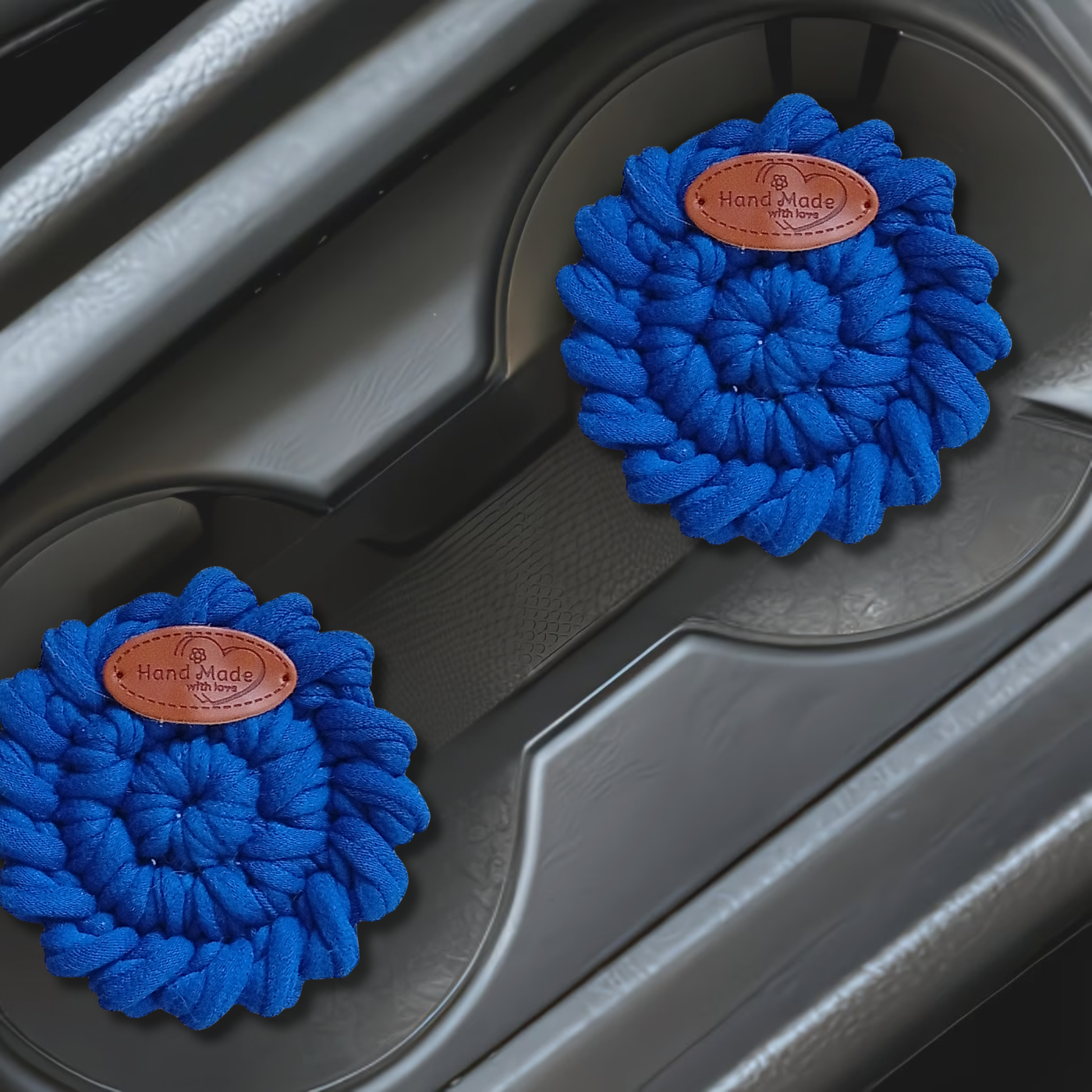 Handmade Crochet Car Coasters Set of 2 – Cotton Cup Holder Inserts 7.5cm, Absorbent Boho Car Accessories