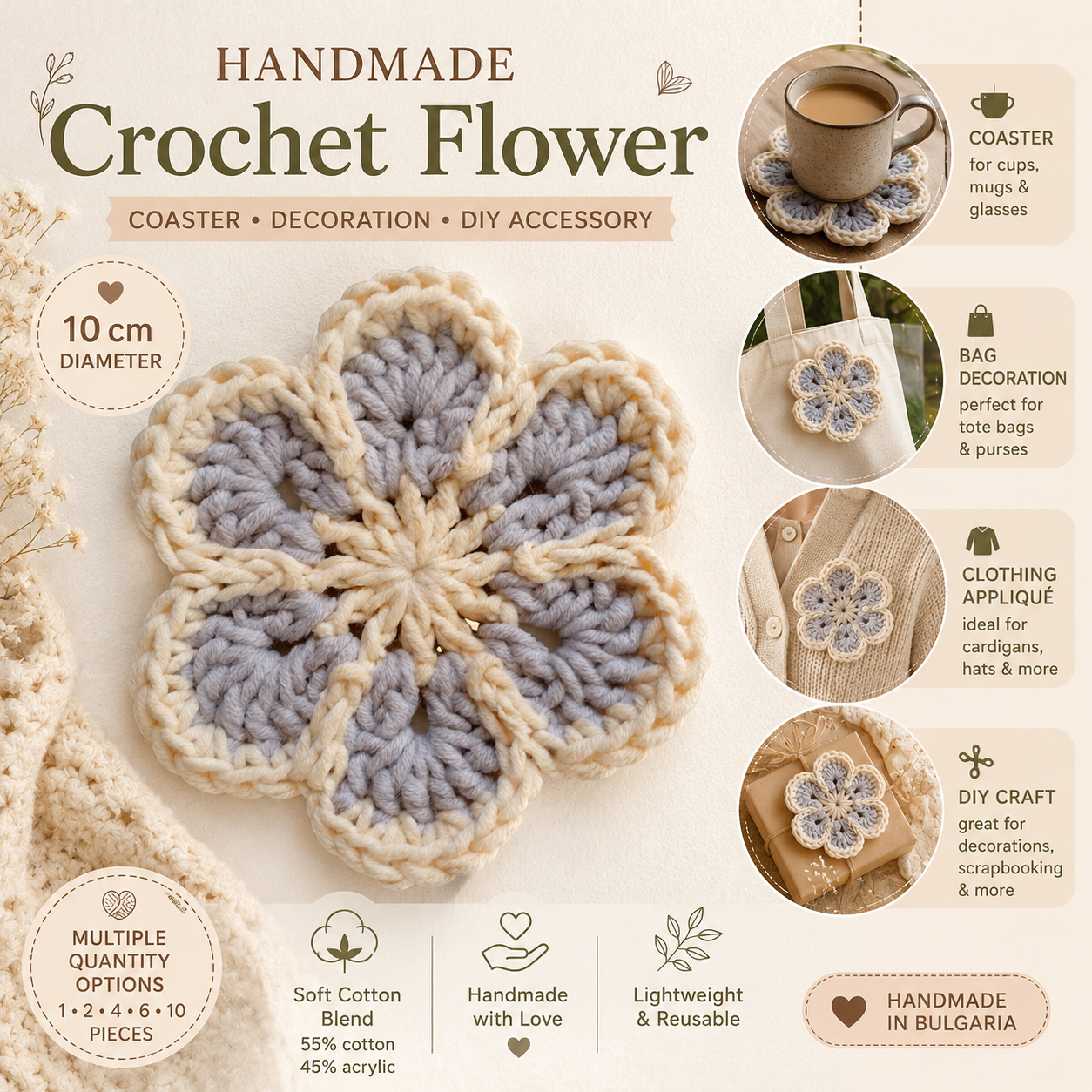 Crochet Flower Appliques – Handmade Cotton Floral Embellishments for Coasters, Bags, Clothing & DIY Crafts (2-20 Pieces)