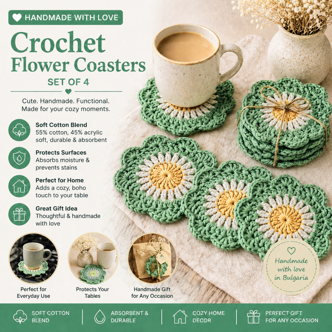 Handmade Crochet Flower Coasters – Set of 4
