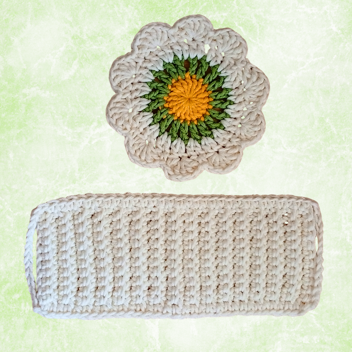 Handmade Crochet Coffee Gift Set – 4 Daisy Coasters & 4 Cup Sleeves (Set of 8)