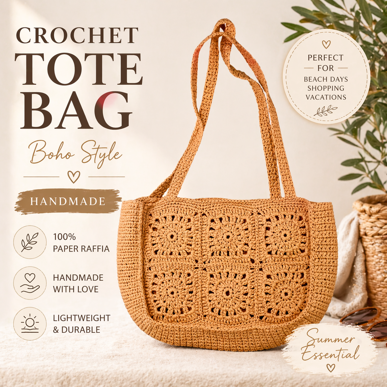 Crochet Raffia Tote Bag Granny Square Boho Beach Bag Handmade Woven Shoulder Bag Summer Shopper Gift for Her