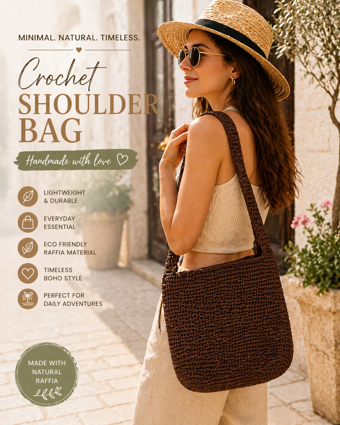 Crochet Shoulder Bag, Boho Crossbody Tote, Brown Raffia Bag, Handmade Woven Bag, Minimalist Summer Bag, Everyday Crochet Purse