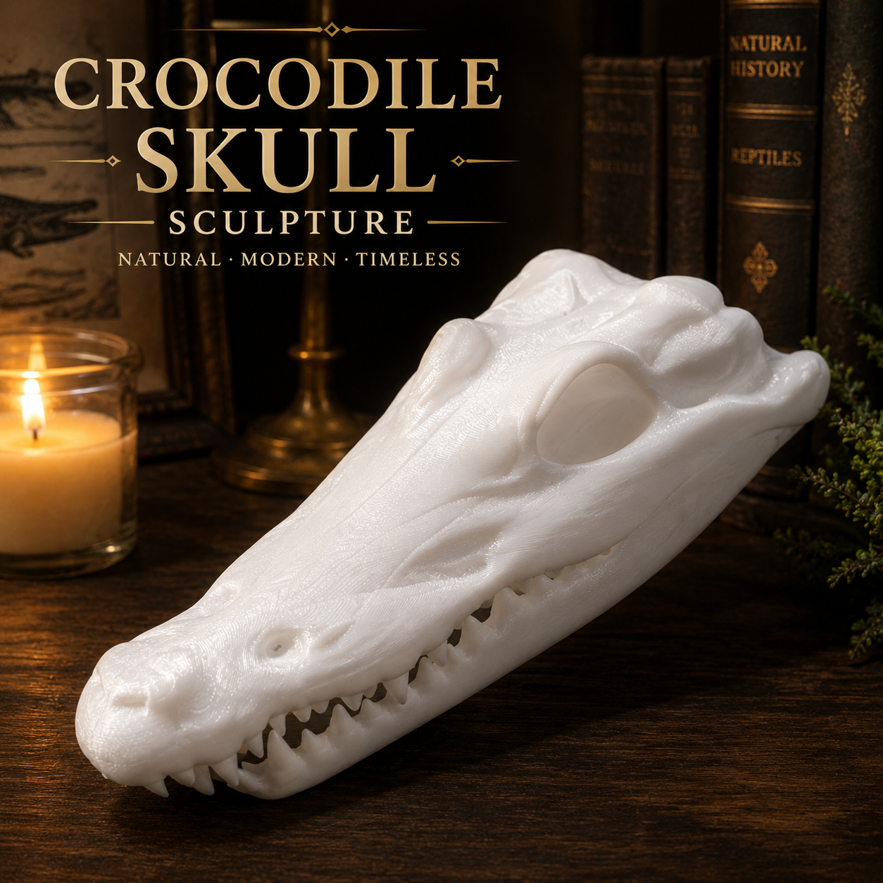 Crocodile Skull Sculpture – Modern Minimalist Animal Skull Decor, (20cm)