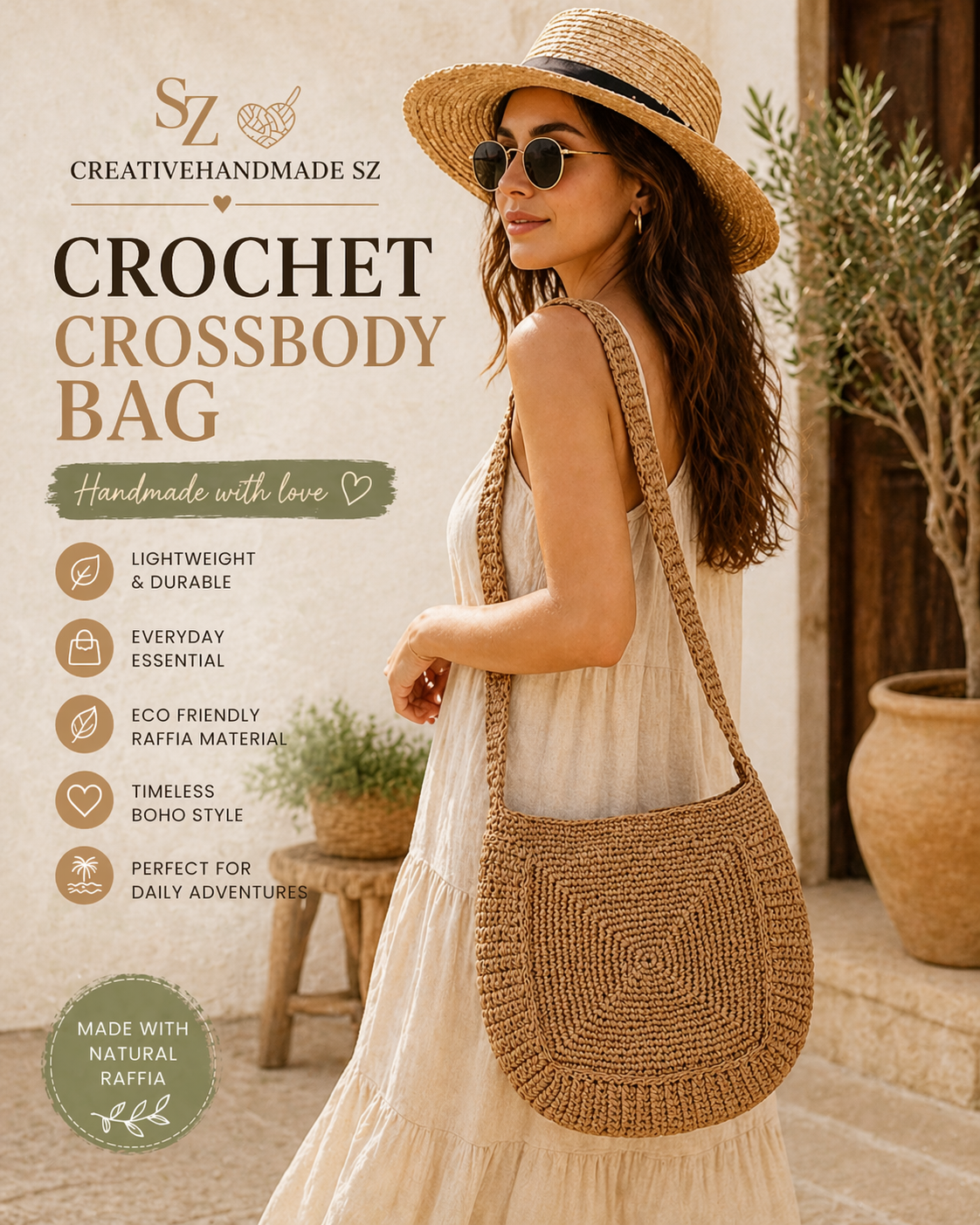 Crochet Crossbody Bag Boho Raffia Shoulder Bag Handmade Summer Tote Minimalist Woven Bag Beach Purse Women Gift