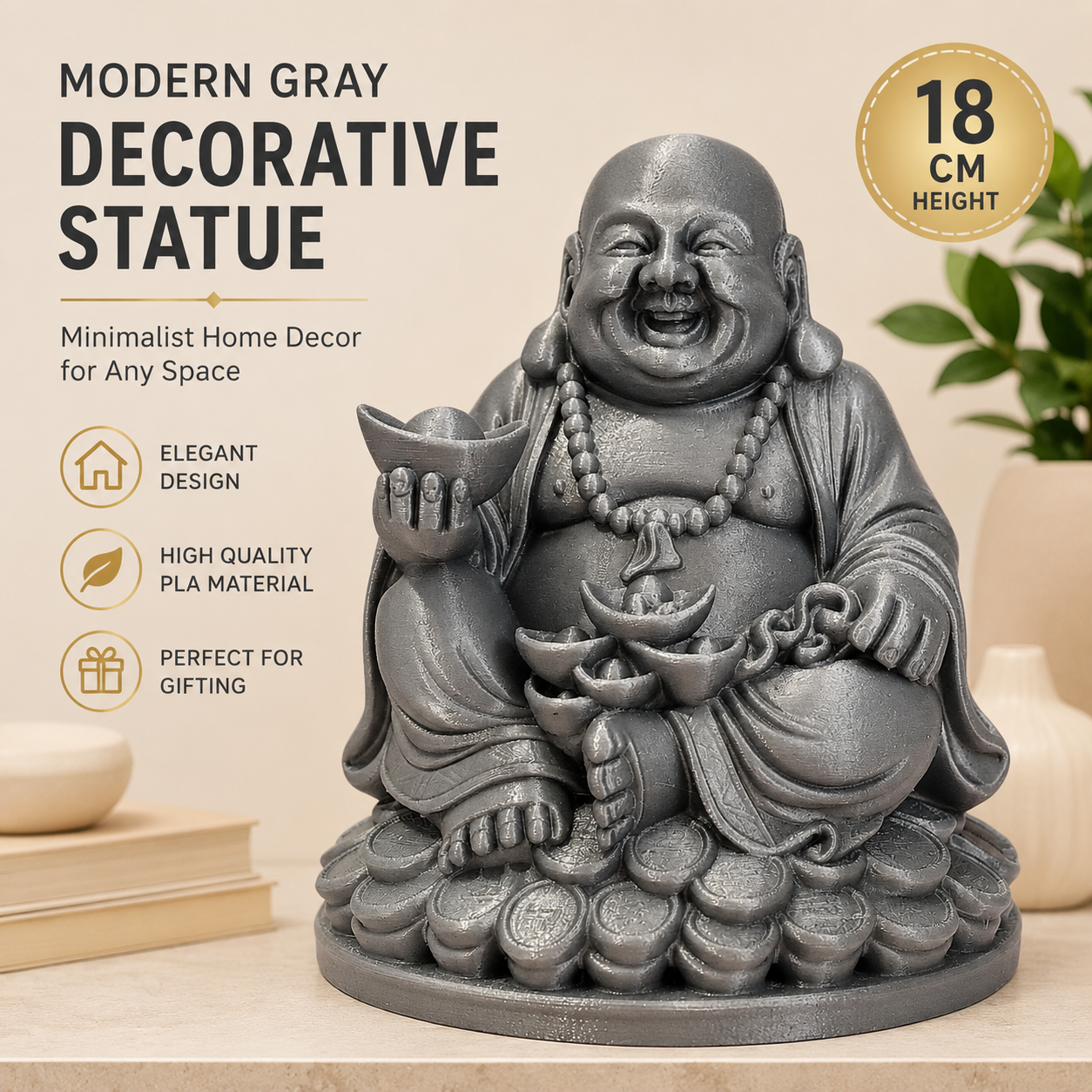 Modern Gray Decorative Figurine – Minimalist Home Decor Statue for Living Room, Office & Shelf Display – 18 cm